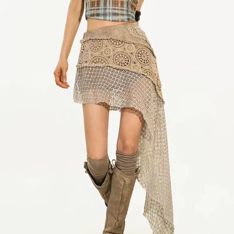 

Hollow Out Design Retro Splicing Knitted Lace High Waist A-line Versatile Half Skirts American Style Irregular Sexy Skirt