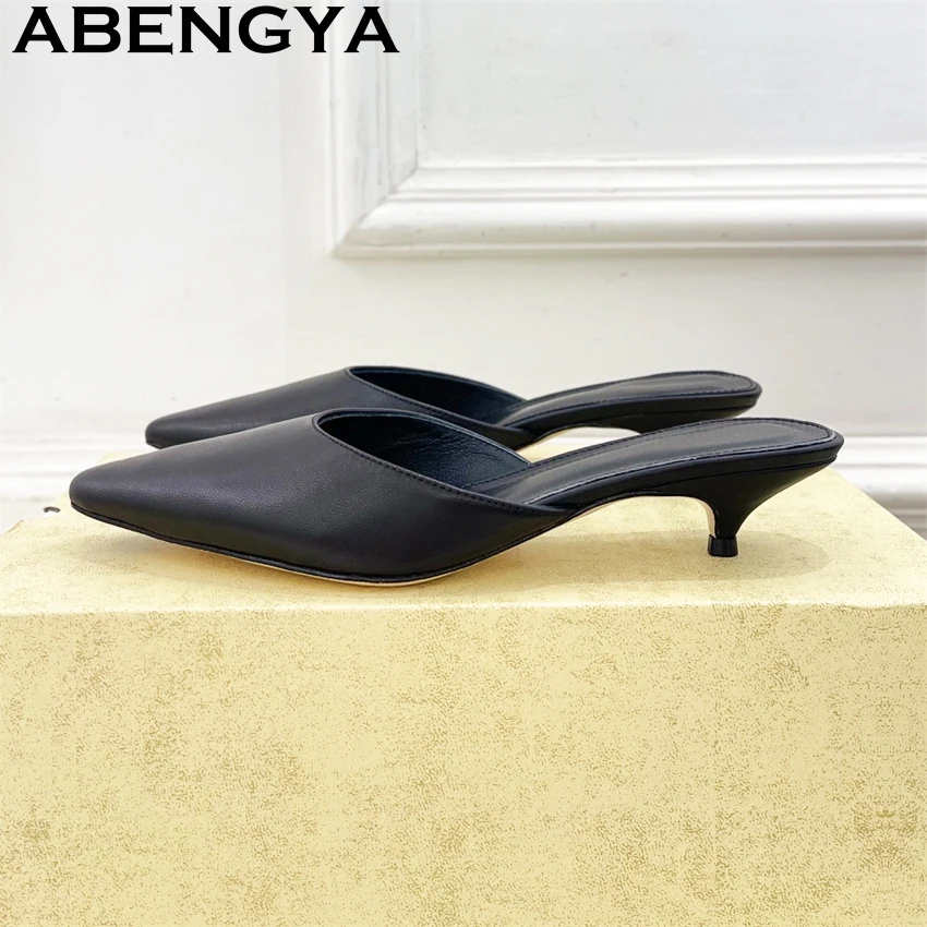 Pointy Wrap Toe Kitten Heels Slippers Women Genuine Leather Mid Heel Mules Slippers Summer Sexy Dress Party Shoes Mujer