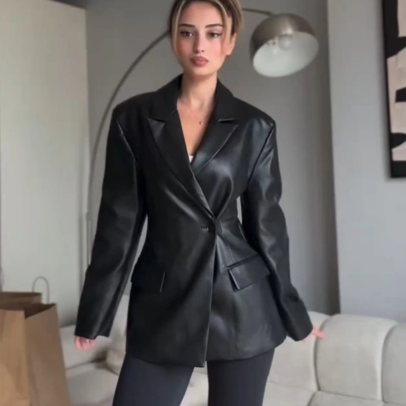 TFMLN سترة نسائية جديدة للخريف من الجلد الصناعي معاطف أنيقة عتيقة لراكبي الدراجات النارية الأمريكية ملابس خروج عصرية بأكمام طويلة #3