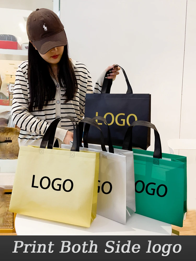 

100Pcs/lot Non-Woven Bags Shopping Bags Eco Promotional Recyclable Bags Tote Bags Customized One Color Printed Logo Free Design