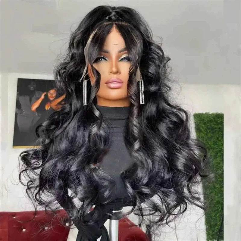 Wig renda sintetik wanita hitam panjang Wig tubuh gelombang sintetis HD renda depan Wig alami garis rambut bagian samping pakaian sehari-hari