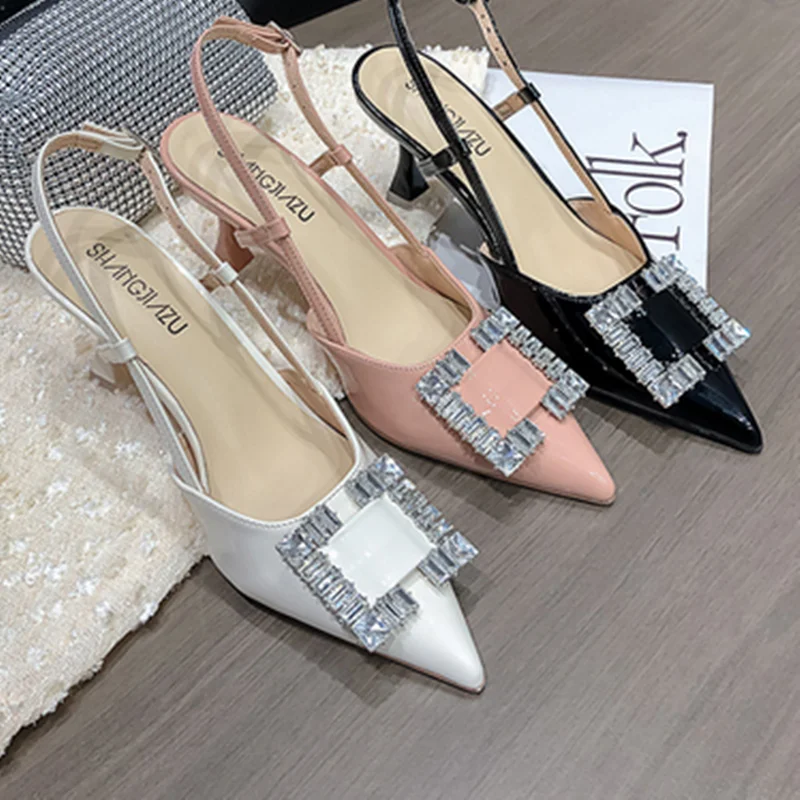 Lady Crystal Buckle Sandals Back Strap Shoes Pointy Toe Shiny Leather Chaussure Kitten Heels 7cm British Style Pumps In Pinkish