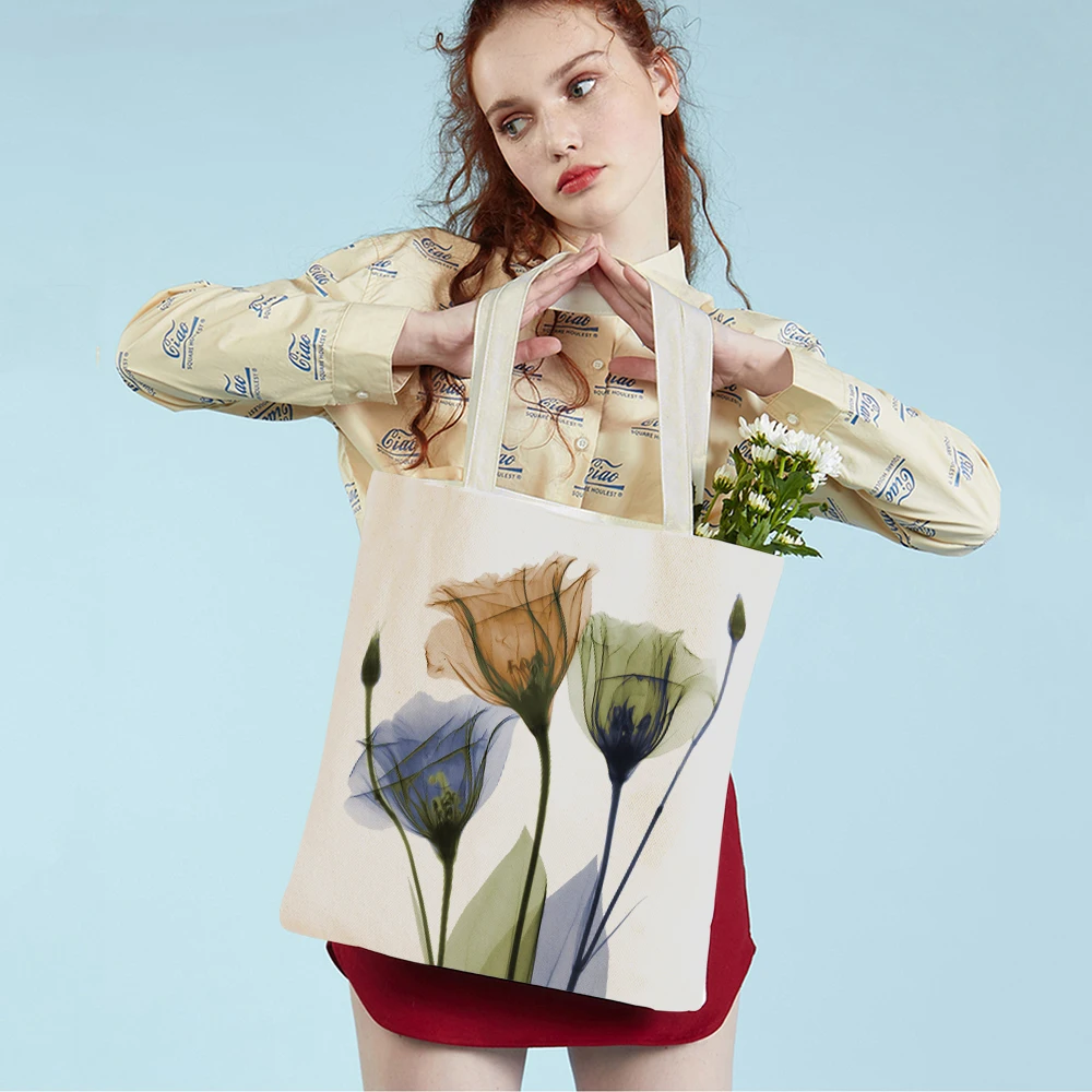 Fashion Transparent Flower Women Shopping Bags Tote Bag Reusable Folding Canvas Cartoon Plant Floral Travel Shoulder Handbag