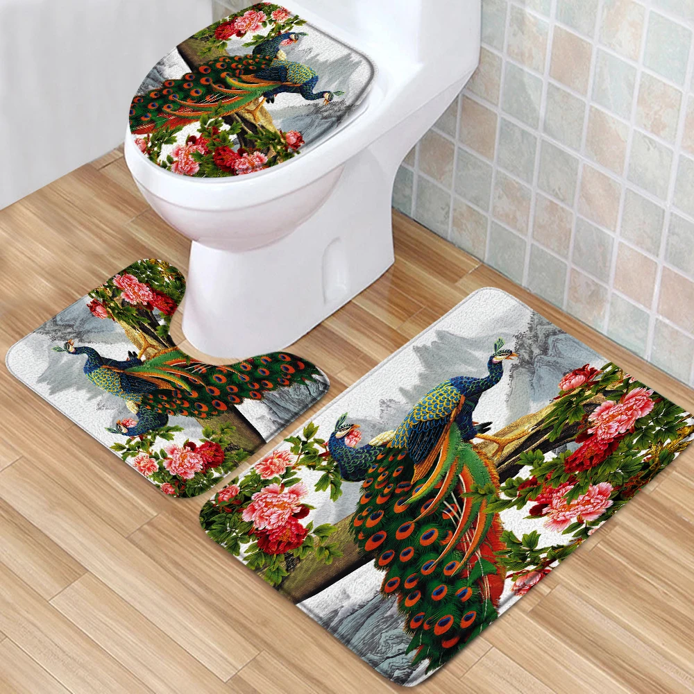 Peacock Bath Rugs Beautiful Bird Peony Flower Watercolor Plant Floral Bath Decor Flannel Toilet Lid Cover U Shape Mat 3pcs/Set