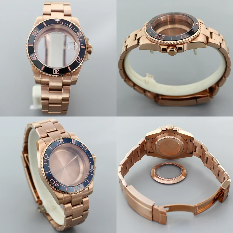 

40mm Watch Cases Rose Gold bands With Sapphire Crystal Water Resistant For Seiko NH35 NH36 8205 8215 Eta2824 Movement Submariner