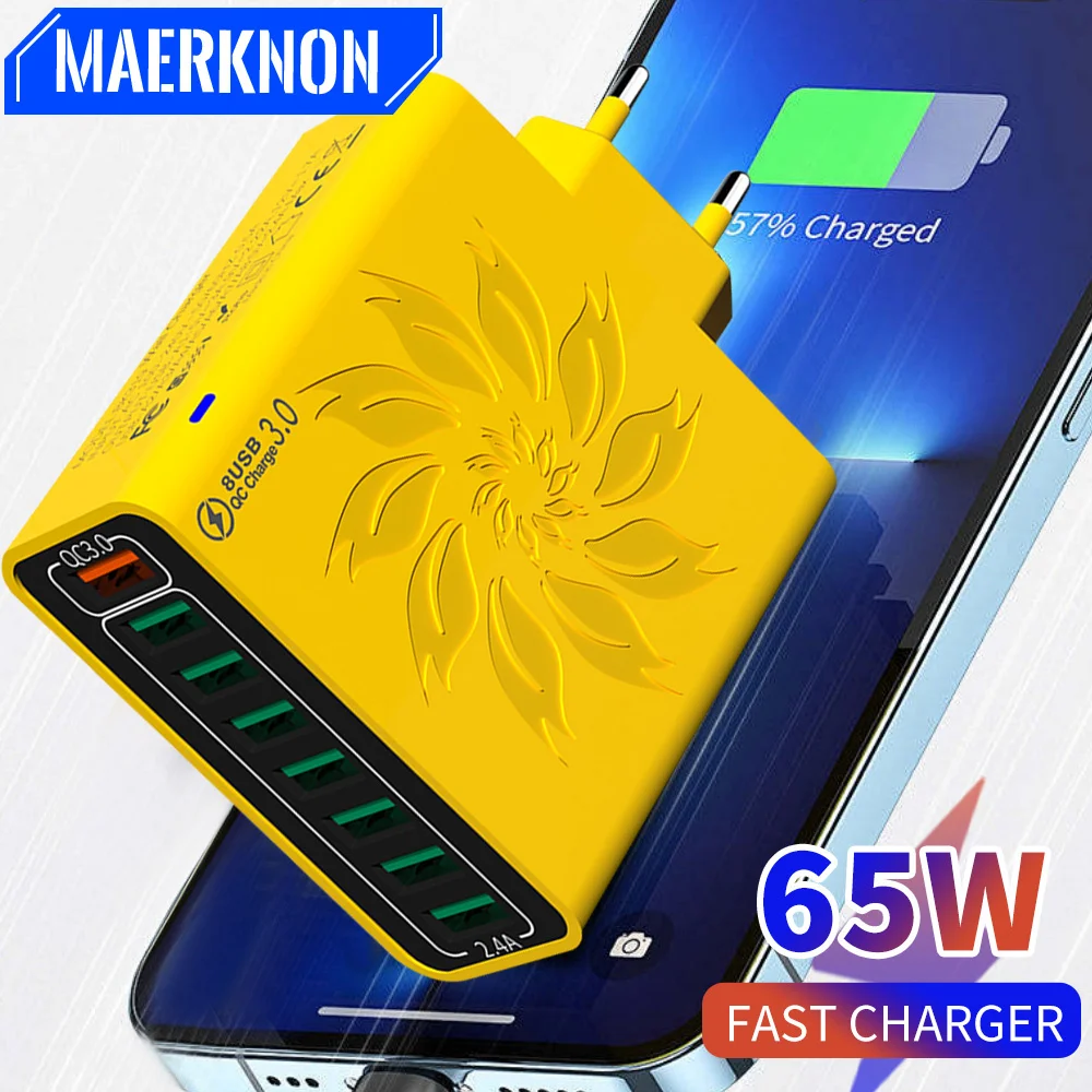 Total 65W 8 Ports USB Charger Fast Charging Mobile Phone Charger Adapters For iPhone Samsung Xiaomi QC3.0 EU/US/KR Plug Charger