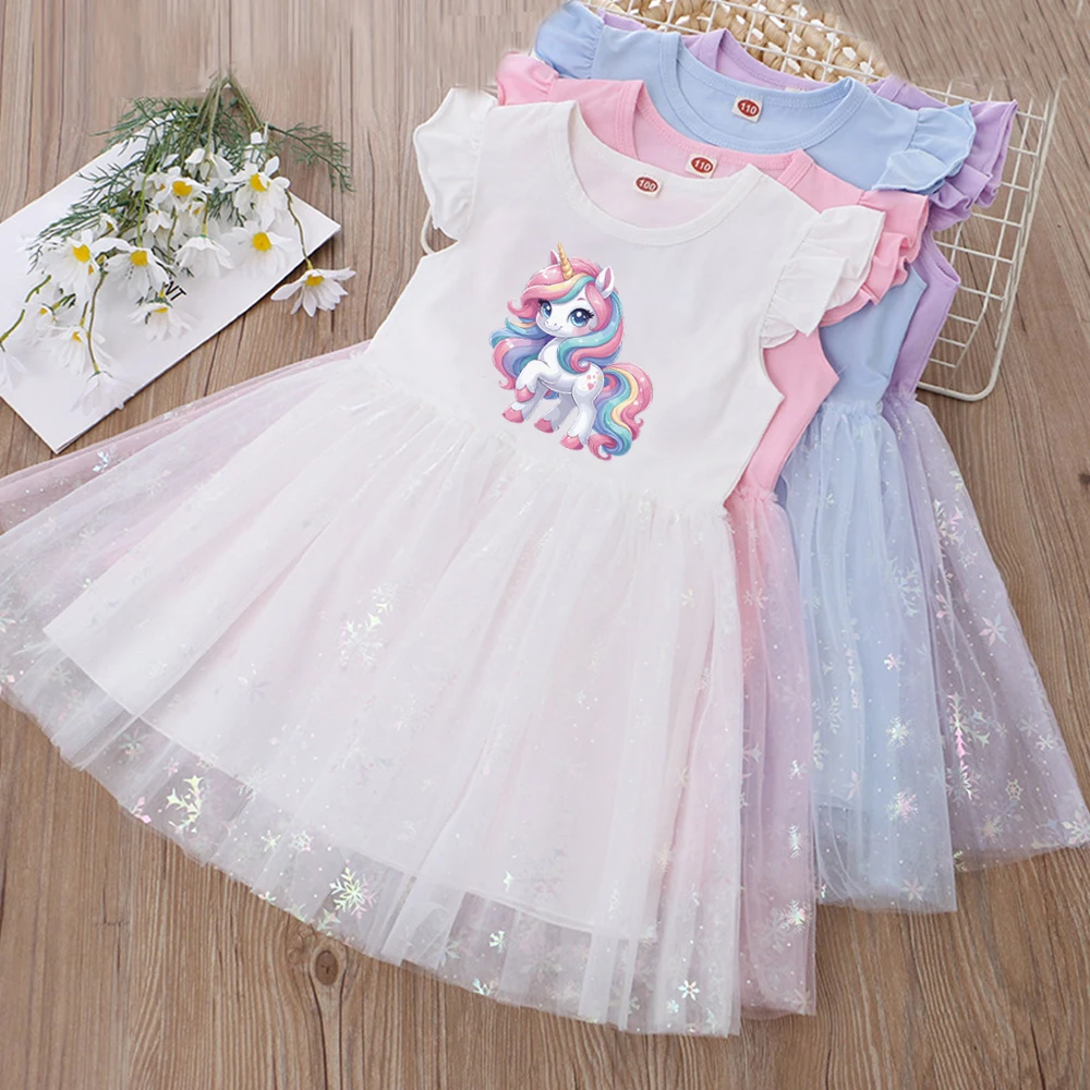 

Girls Clothes 2025 New Summer Princess Dresses Flying Sleeve Kids Dress Unicorn Party Baby Dresses for Children Clothing Fashion