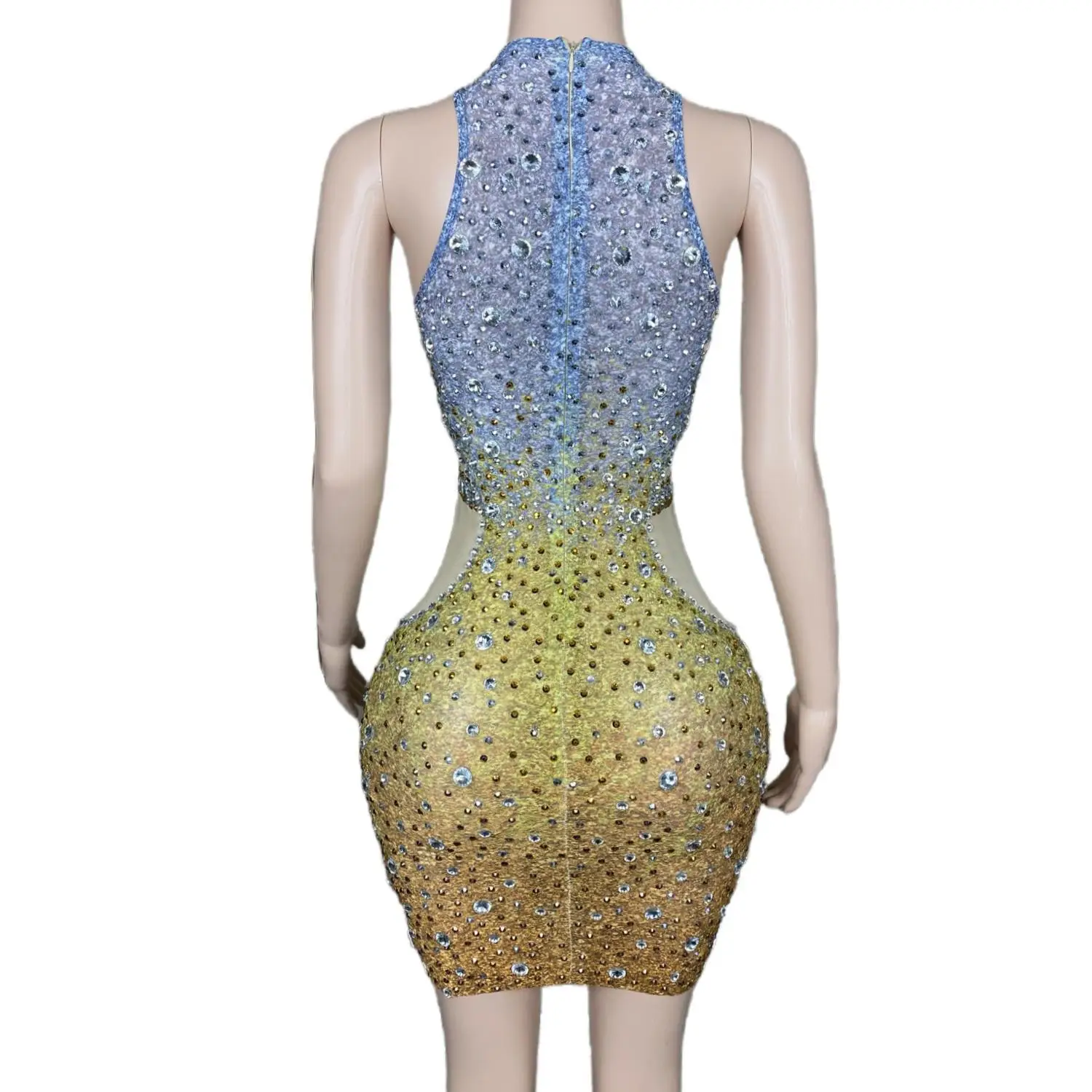 Vestido de noite sem mangas feminino com diamante de água falso oco design hip envoltório saia para jantar de celebridades tapete vermelho bola