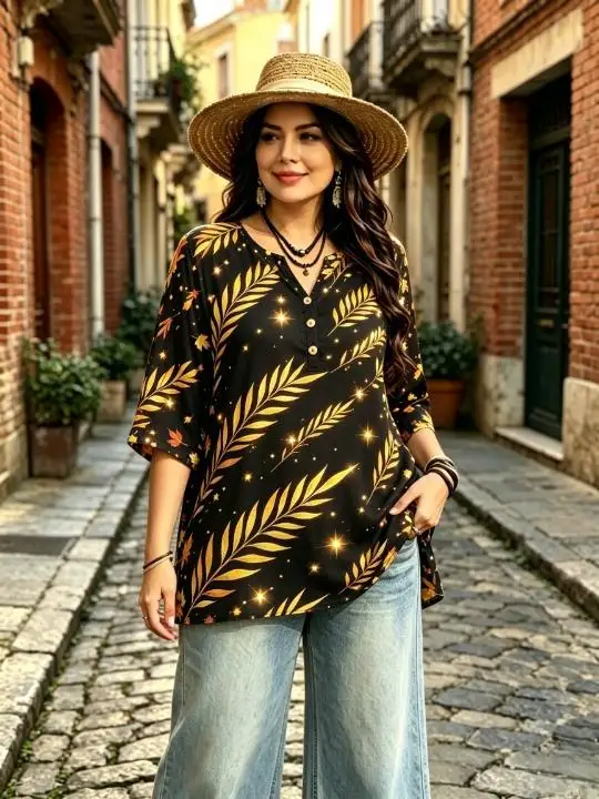 Plus Size Women 3/4 Sleeve Henley Blouse Autumn Maple Leaf Golden Leaves Star Print Loose Casual Tops