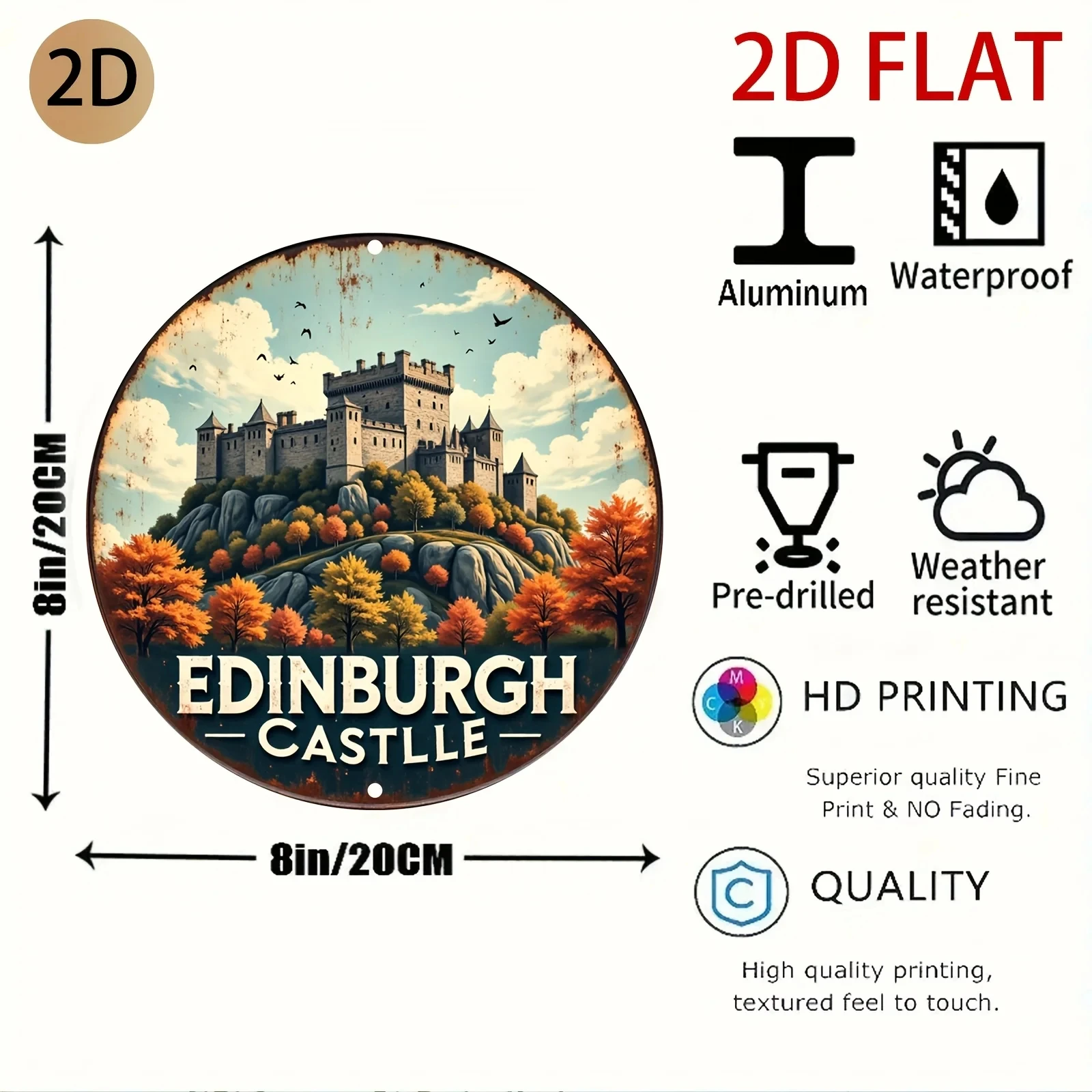 2D Flat Circular Tin Metal Sign, Edinburgh Castle Design, Wall Art for Home, Cafe, or Study Room, 2D Flat, Perfect for Room Decoration