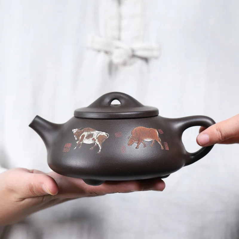 Yixing Raw Ore Yellow Purple Clay Teapot Wholesale Wuniu Stone Teapot Fully Hand-Painted Patterns Kung Fu Tea Set