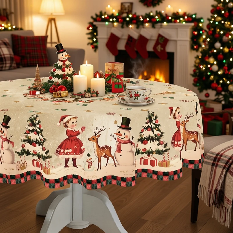 Christmas Tablecloth Winter Wonderland Santa Snowmen Reindeer Nativity Holiday Dinner Party Seasonal Dining Decoration, Round