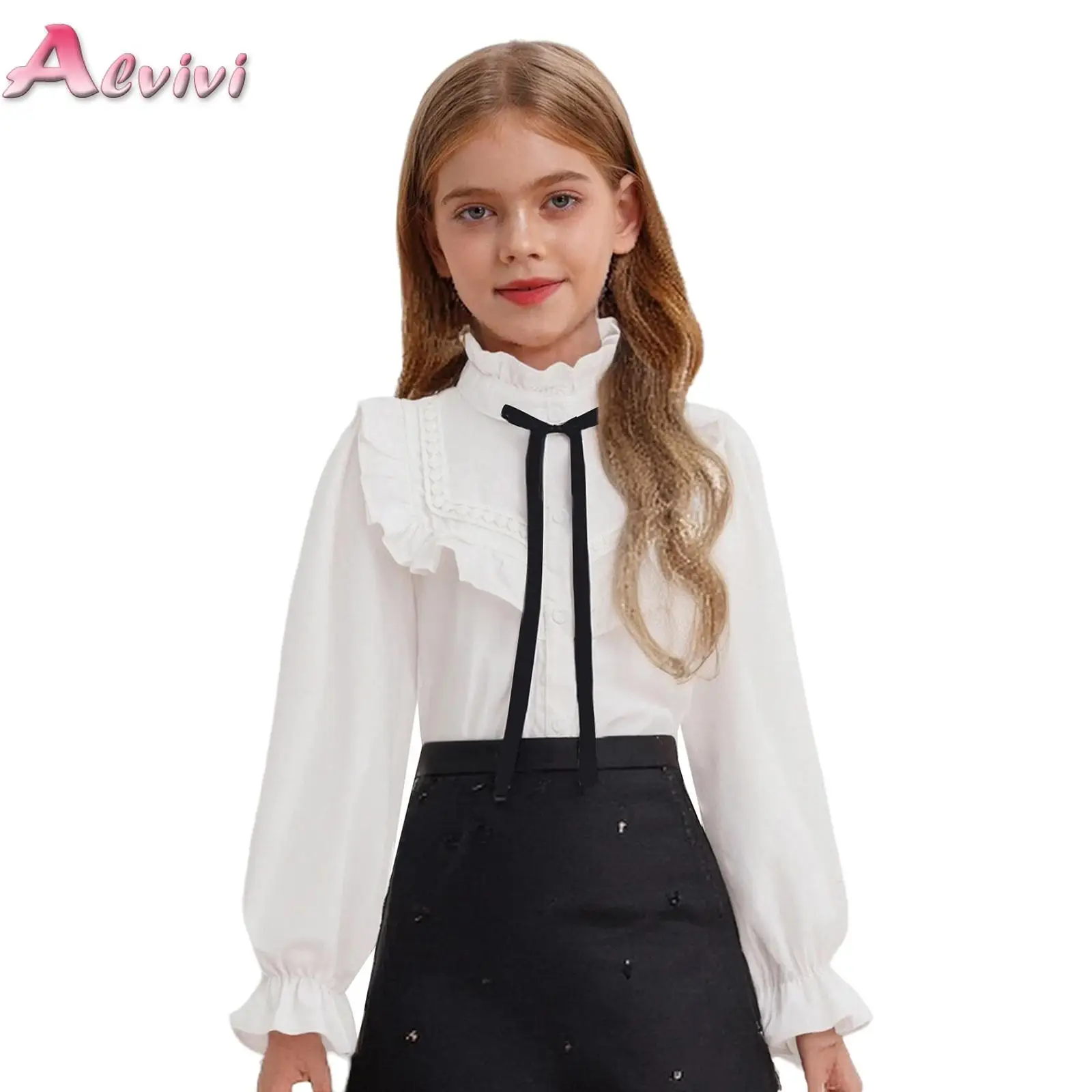 

Kids Girls Cute Bowknot Ruffle Shirt Ruffled Collar Long Puff Sleeves Button Princess Blouse Top for School Birthday Party