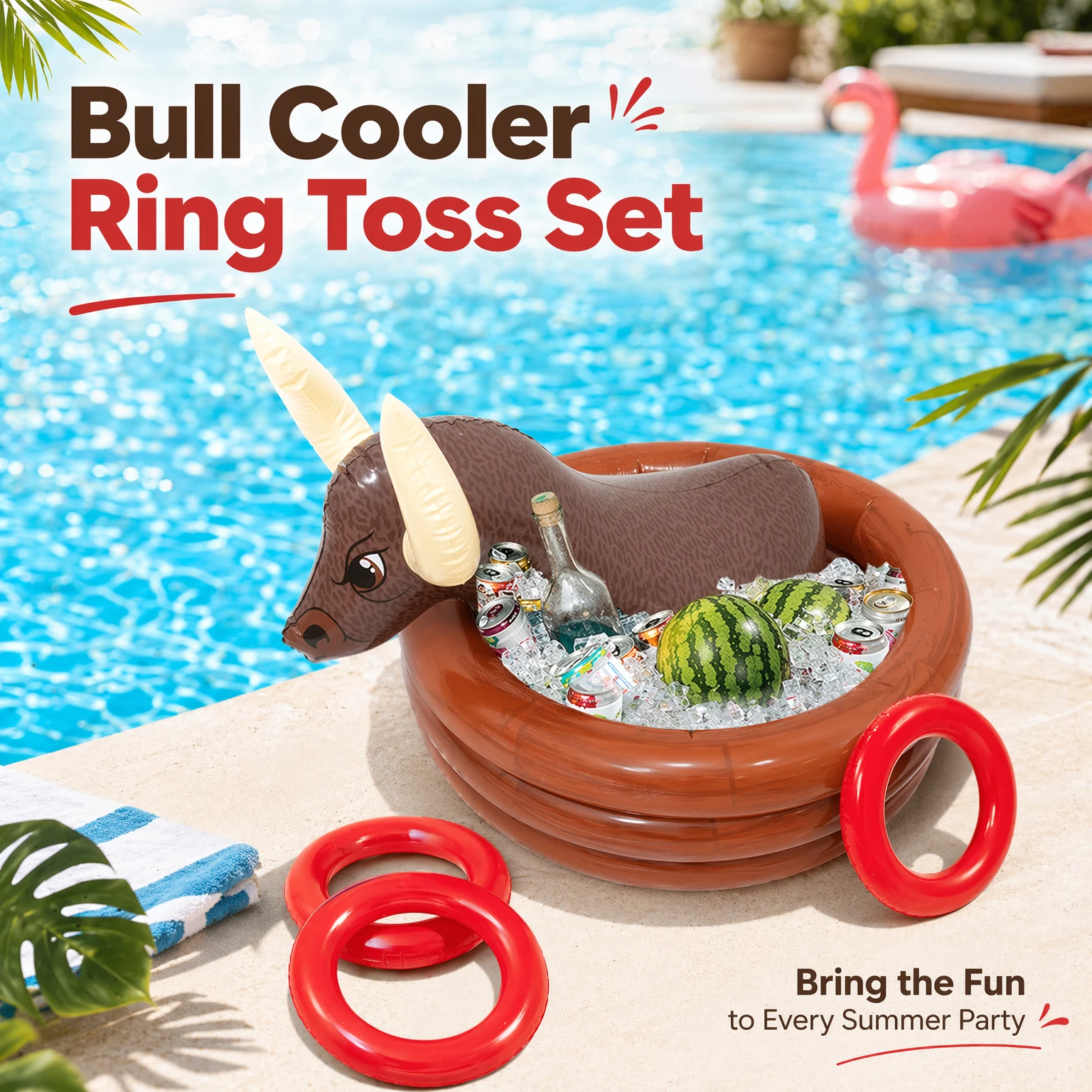 Portable Foldable Inflatable Bull Ice Bucket Cooler Floating Swimming Pool Ring Toss Throwing Game Summer Beach Backyard BBQ