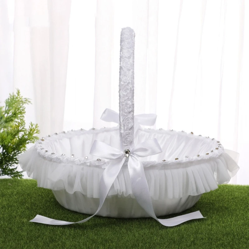 Glistening Royal Bow Wedding Baskets for Flower Girl With Lace White