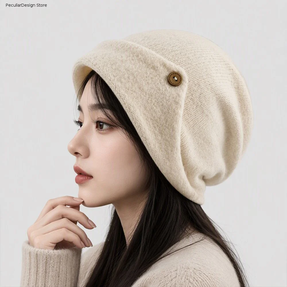 Kawaii Slouchy Beanie Hats Warm Folded Brim Knitted Hat Sweet Ear Protection Pullover Hat Winter Autumn