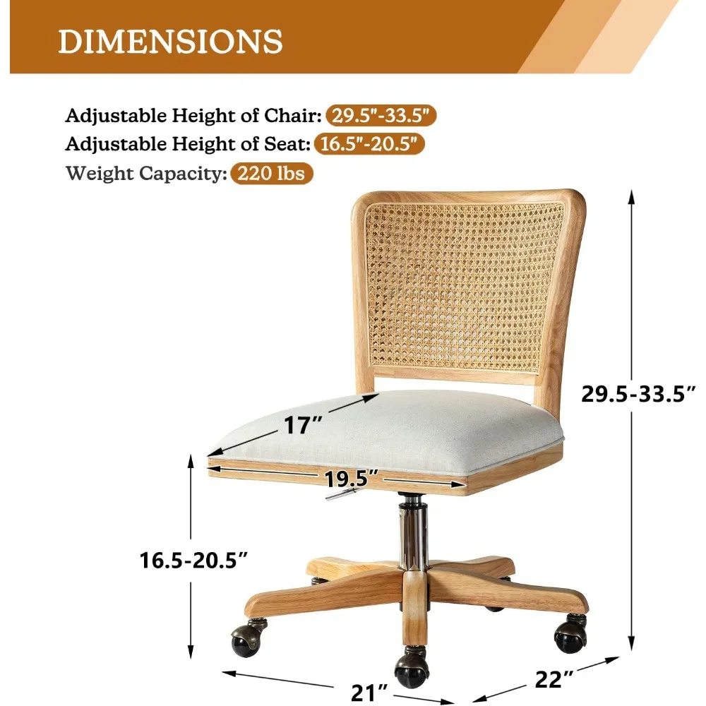 Modern Home Office Chair Comfortable Upholstered Armless Desk Chair, Adjustable Swivel Rolling Computer Chair