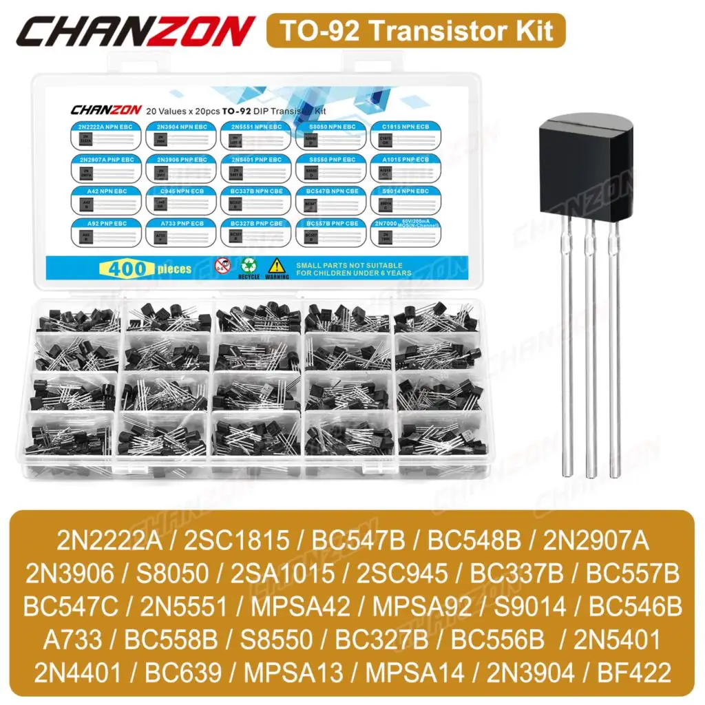 

20 Values TO-92 NPN PNP Transistor Kit Bc547 2N3904 2N7000 2N2222A 2N5551 2N3906 Bc337B Bc557B S8050 S8550 2N5401 Bc547B 2N4401