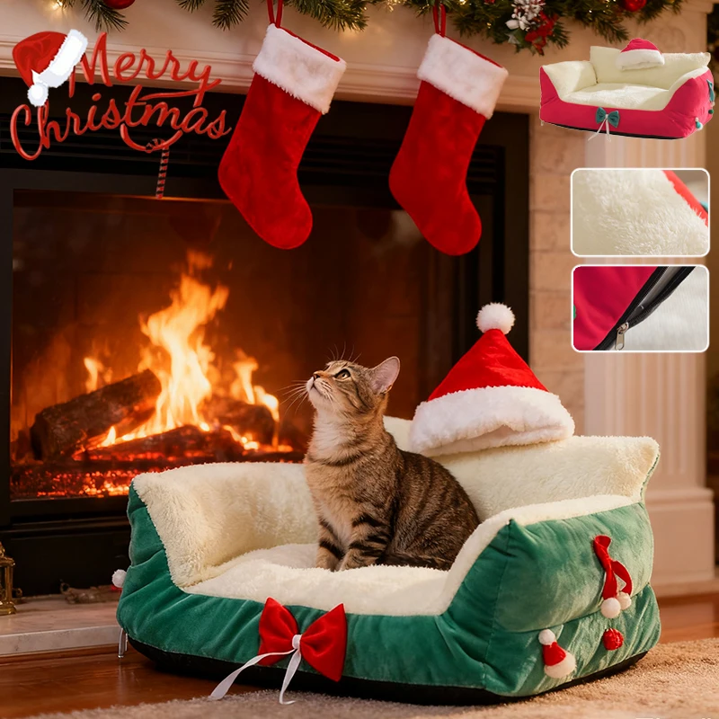 2026年新作のお祭り用ぬいぐるみ、暖かい赤い猫用ベッド、半密閉型の柔らかい洗える犬用ソファベッド、クリスマス休暇用室内ペット用ケネル、デコレーション