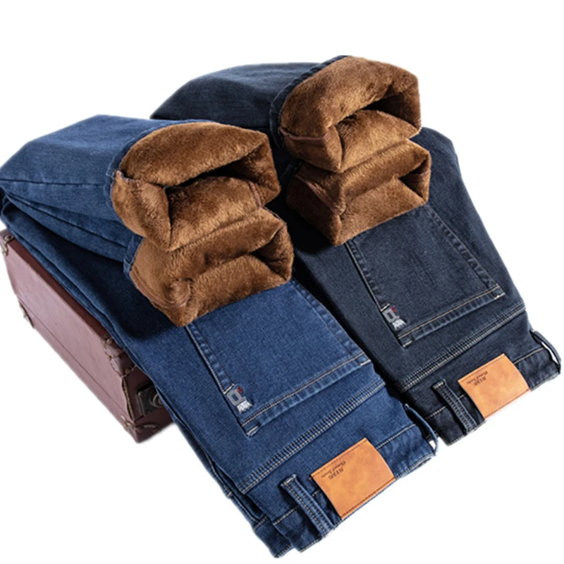 Jeans invernali in pile spesso Abbigliamento da uomo Velluto di marca Caldo Business Pantaloni classici alla moda Jeans Pantaloni casual in peluche elasticizzati