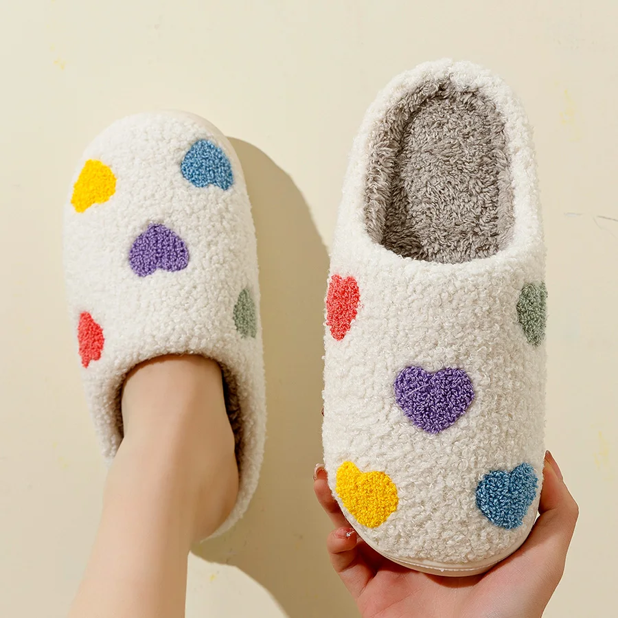 Color Heart Slippers Cute Winter Girl Interesting Cartoon Pattern Women Bedroom Warm Comfy Indoor Soft Plush Leisure Home Shoes