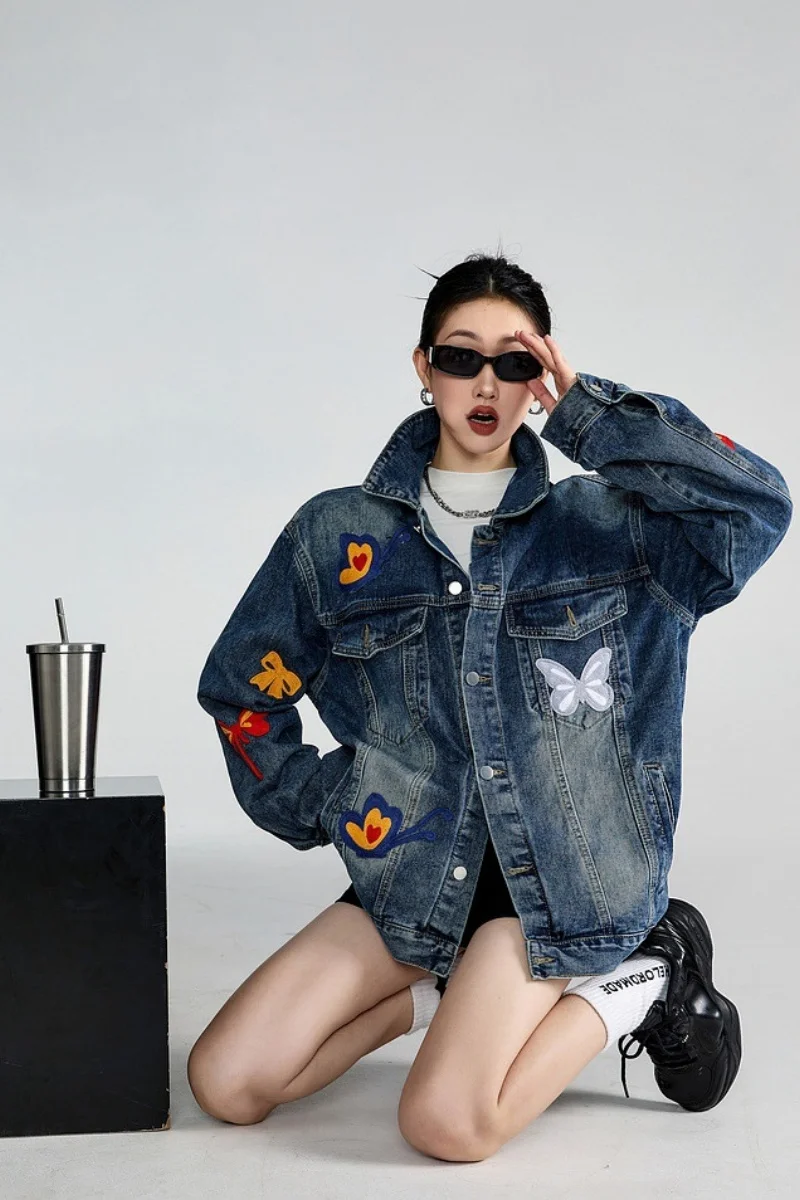 

Vintage American Retro y2k Embroidery Denim Jacket for Women Loose Fit Unique Design Casual Oversized Coat Spring Autumn Fashion