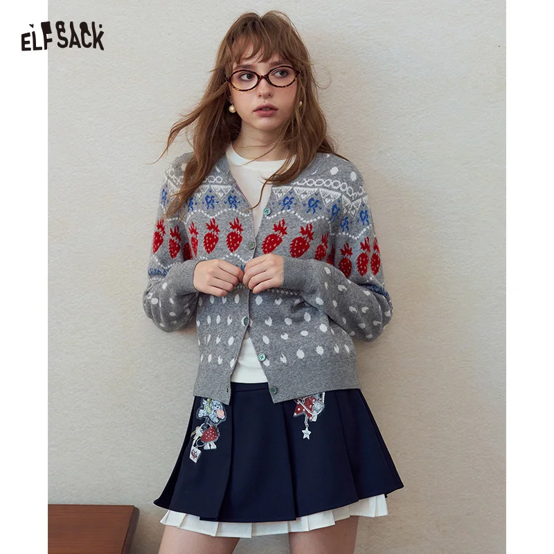 ELFSACK Women's Fair Isle Knit Cardigan with Strawberry Print, V Neck Long Sleeve Top, Cute Casual Outerwear for Daily Wear