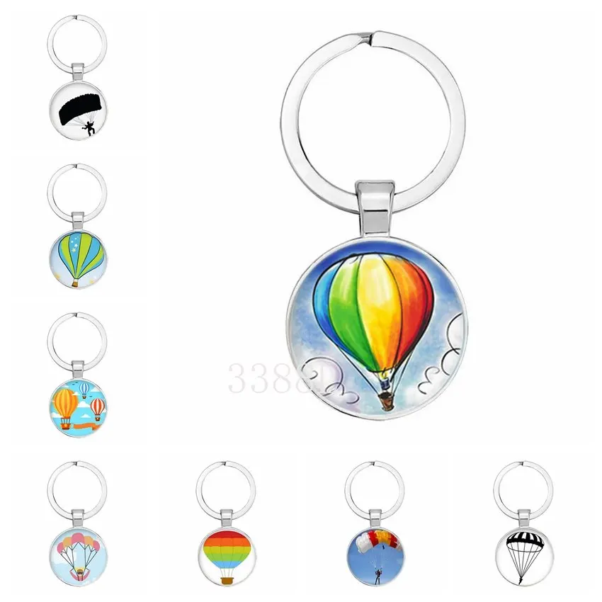 Dome Glass Alloy Keychain Illustrated Silhouette of Parachute Keychain for Skydiving Hot Air Balloon Painted Pattern Gift