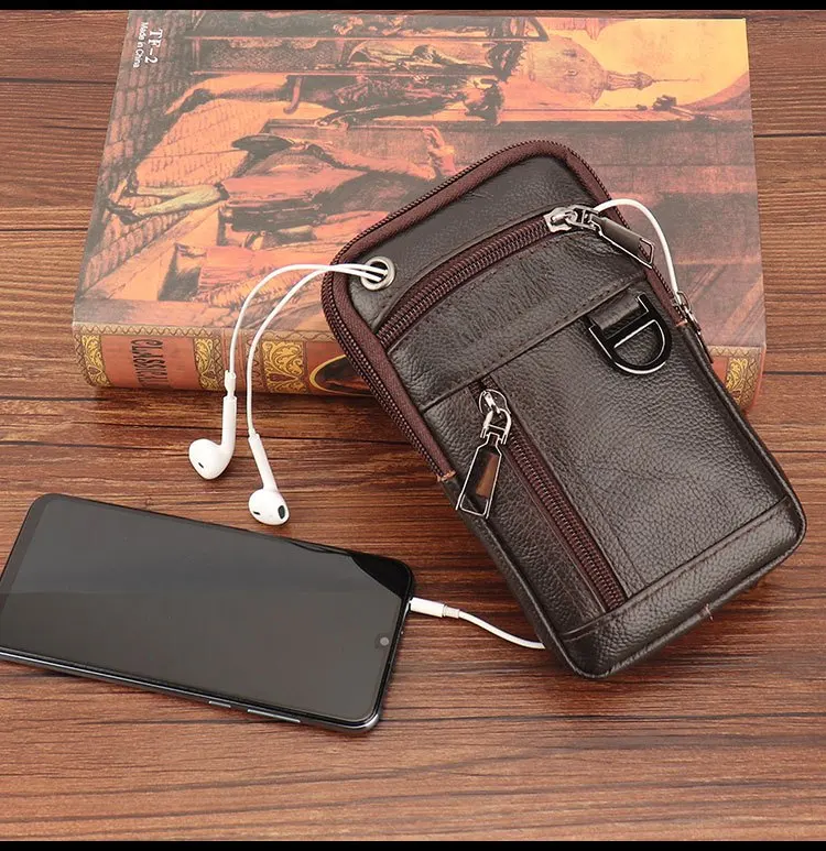 Men's Multi-functional Leather Waist Bag Large Capacity 4 Layers Snap Closure Shoulder Crossbody Bag for 7.5 Inches Phone