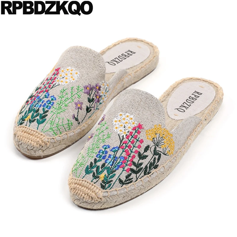 

Embroided Rope Closed Toe Flats Women Large Size Straw Linen Espadrilles Shoes Half Floral Hemp Slippers 42 Slides Mules Flower