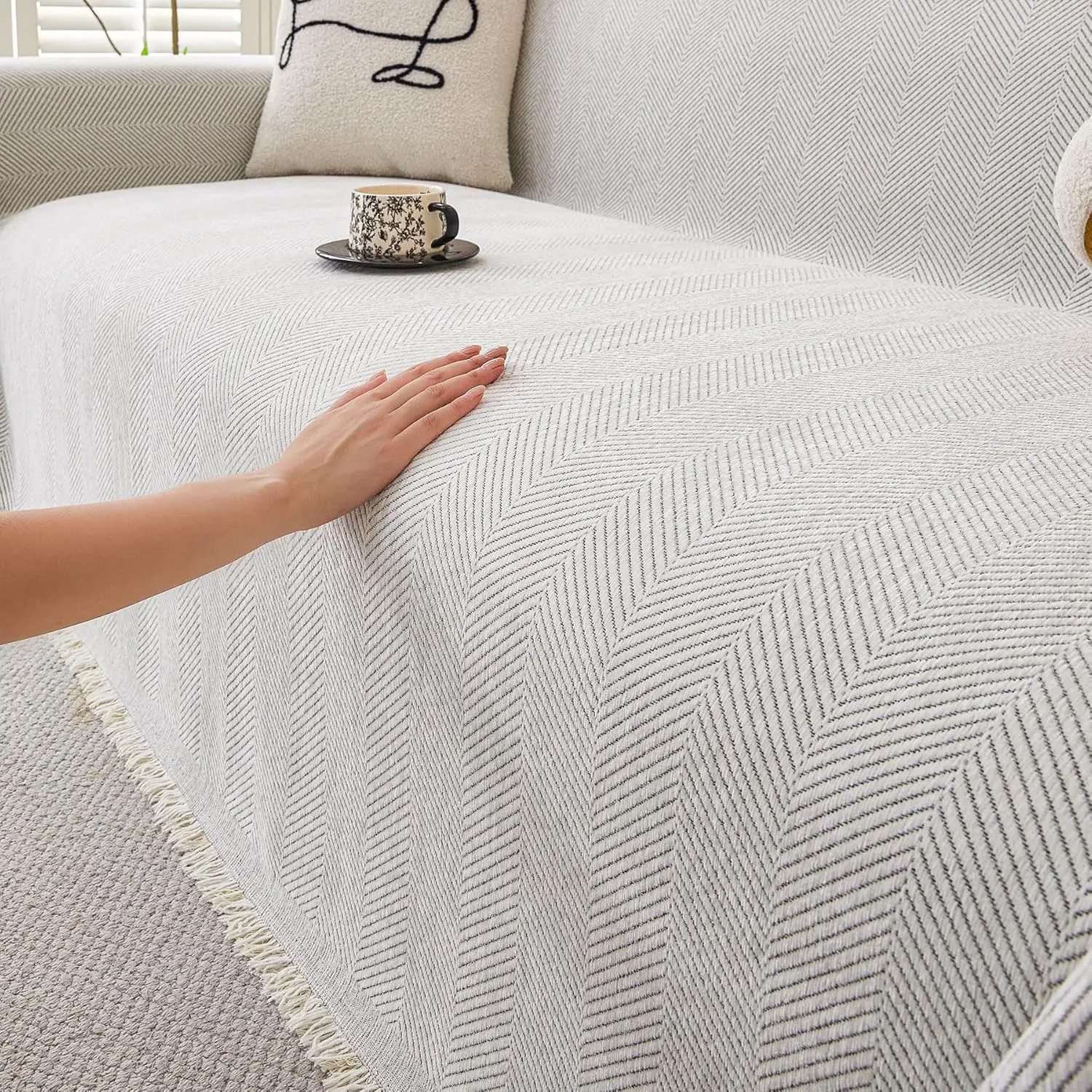 Non-Slip Washable Sofa Cover for 3-Cushion Sectional, Pet-Friendly Furniture Protector Blanket in Off White (91