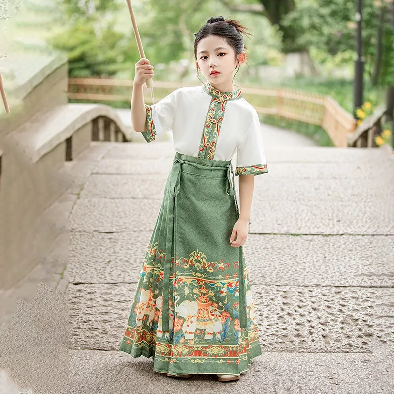 여자 Hanfu Mamian Qun Ming 왕조 직조 금 말 얼굴 스커트 중국 전통 고대 Hanfu 스윙 학생복