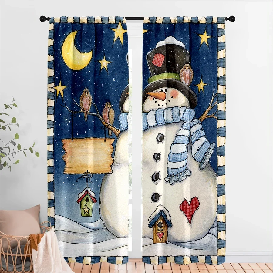 Cute Winter Night Snowman and Crescent Moon Nursery Window Curtain Decoration for Kids Room Nursery Decor