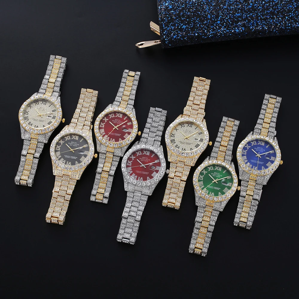 ESKEEM Reloj de cuarzo para hombre totalmente helado con brillo personalizado y esfera roja, verde y azul, relojes de pulsera con diamantes de números romanos ﻿