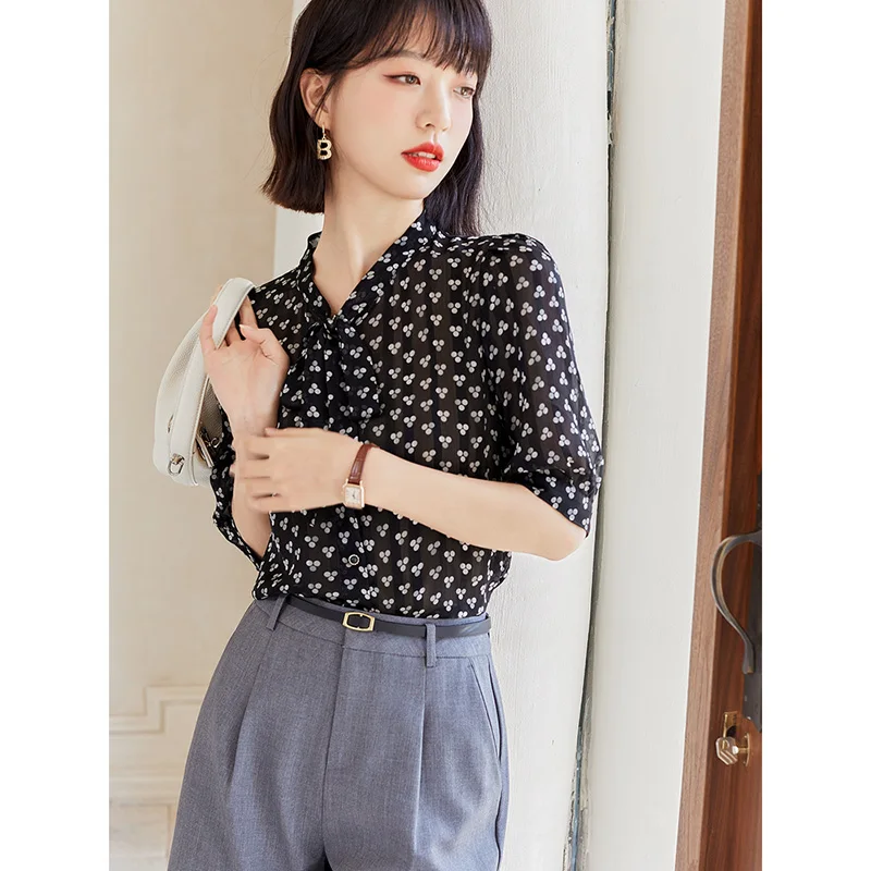 

Female Tops Fashion Polka Dot Short Sleeve Women's Shirt Summer New Elegant Vintage Loose Casual Chiffon Blouse