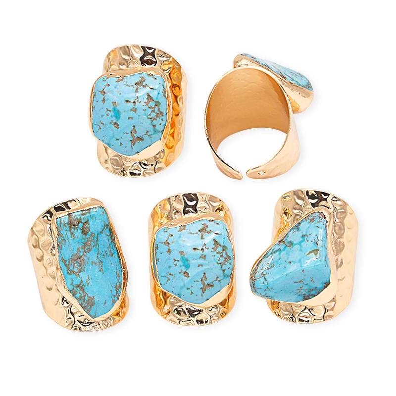 Irregular Turquoise Open Ring for Women Girls Boho Golden Handmade Rough Genuine Stone Finger Jewelry