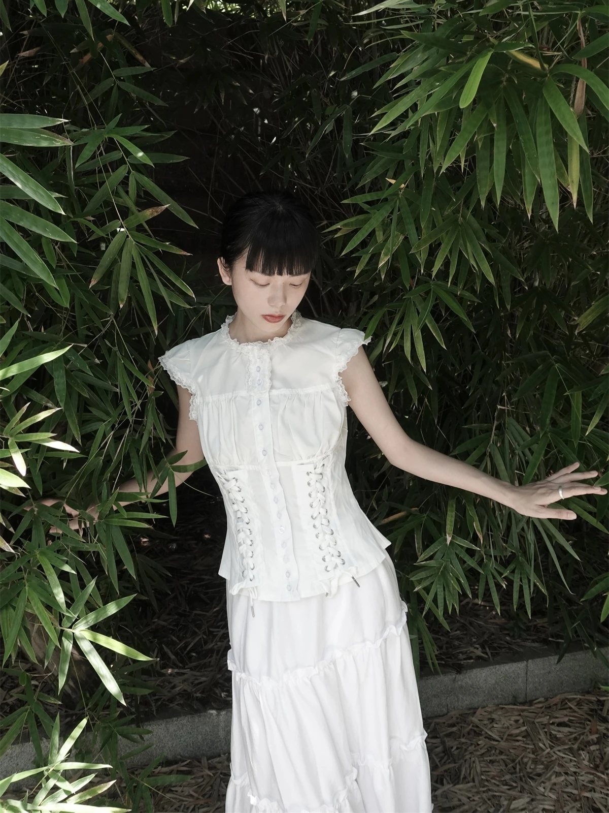 Elegant White Lace Shirt And  Skirt Set Original Design Ribbon Tie Chinese Style Fashionable Casual Outfit for Women