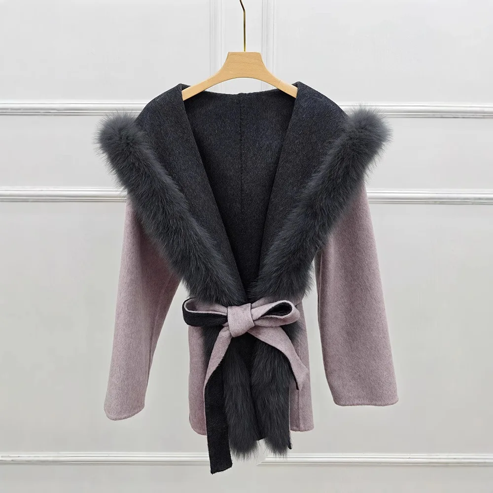 

Новинка 2025 года, зимнее женское пальто с воротником из натурального лисьего меха, теплое шерстяное пальто с шерстяным поясом, толстая куртка, женская роскошная верхняя одежда, уличная одежда