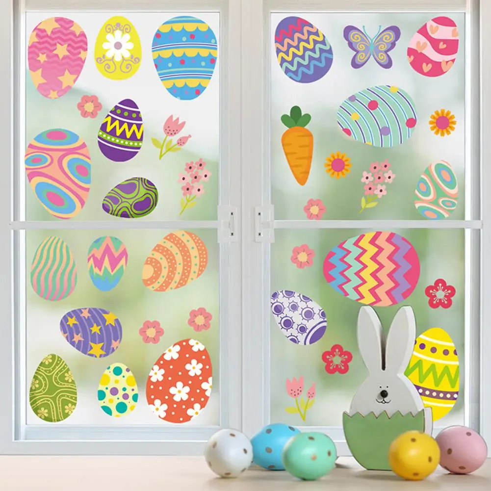 Easter Window Stickers Vibrant Easter Egg Bunny Window Stickers Reversible Design Self-adhesive Decorative Decals for Room Glass