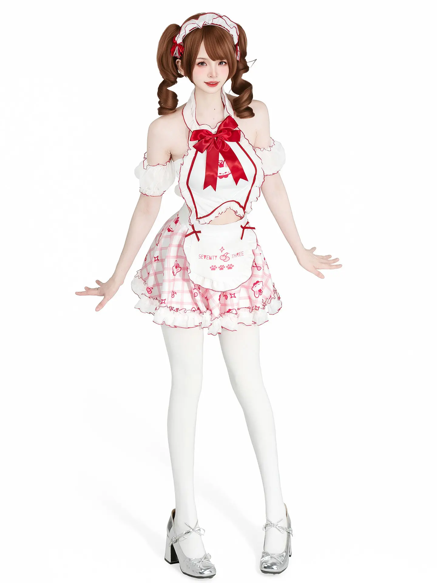 Kawaii Bunny Maid Halter Sleepwear Set Sweet Plaid Print Ruffle Apron Dress Cute Lolita Home Loungewear Cosplay Costume Women - view 5