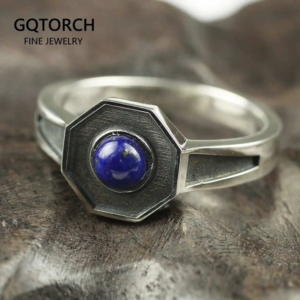 Original Design 925 Sterling Silver Rings For Men and women With Natural Lapis Lazuli Stone Hexagon Shaped Elegant Jewelry Ring