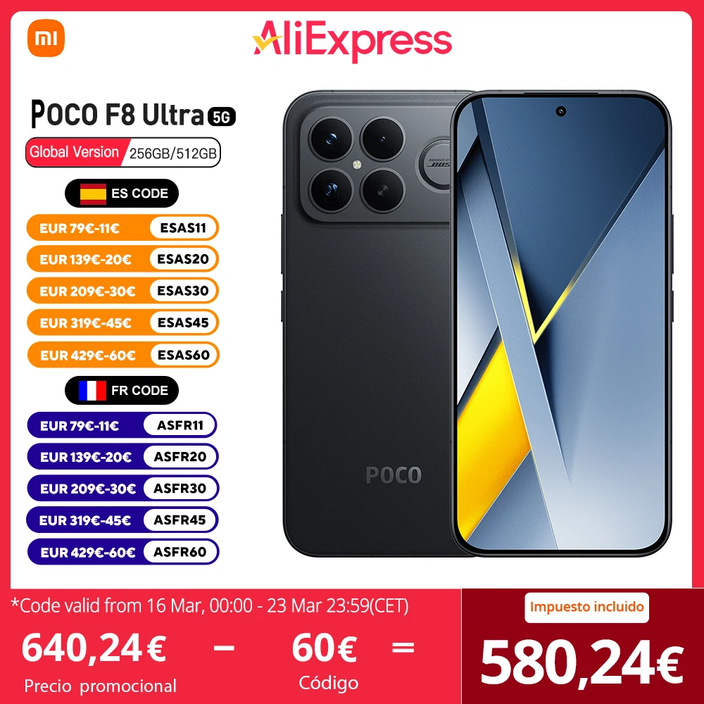 POCO F8 Ultra 5G Versión Europea 256GB/512GB Snapdragon 8 Elite Gen 5, Pantalla AMOLED 6.9", 120Hz, 50MP OIS, 6500mAh, IP68, NFC
