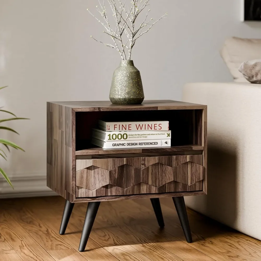 طاولة جانبية، طاولة جانبية حديثة مجمعة بالكامل في منتصف القرن - خزانة بجانب السرير بنمط هندسي لغرفة النوم وغرفة المعيشة