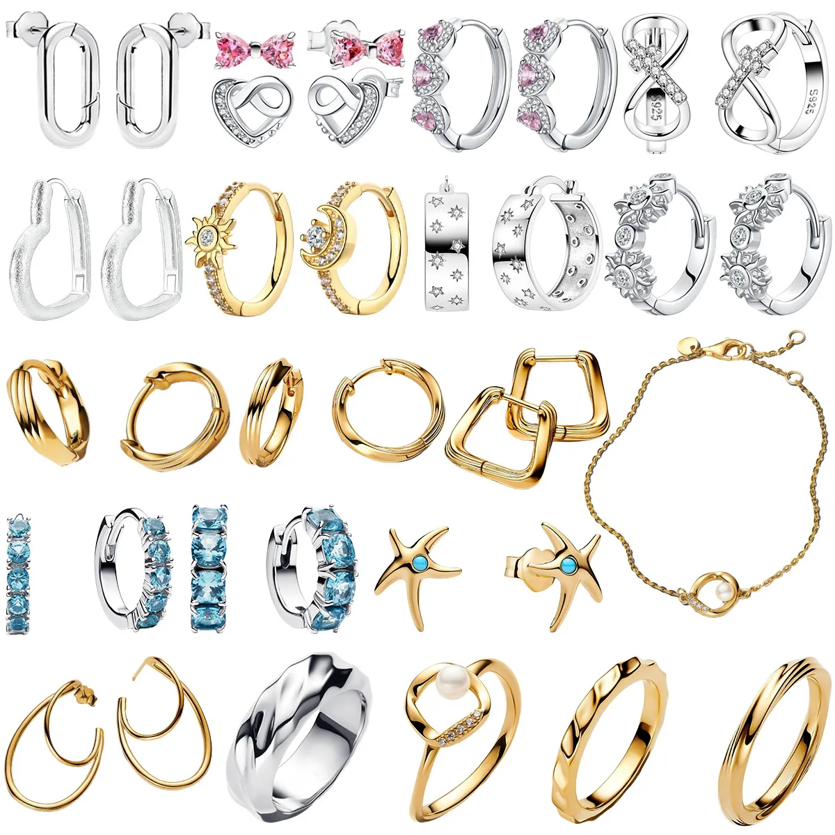 

Original 925 Sterling Silver Golden Earrings Charm Heart Beads Charms Advanced Ring for DIY Bracelet Necklace Women Gift