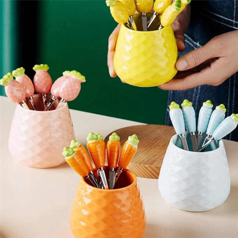 Ensemble de fourchettes à fruits en pot mignon, fourchette à gâteau en acier inoxydable 304, fourchette à Dessert pour fête à domicile, pot de rangement mignon, vaisselle pour enfant-BAAQ