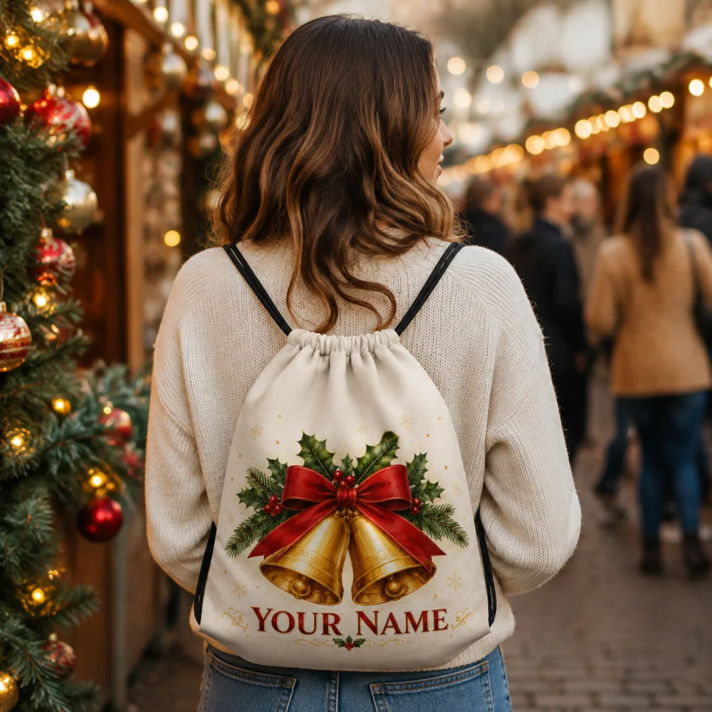 Custom Name Christmas Bell Drawstring Backpack, Polyester X‑mas Holiday Sack Bag, Festive Gift Storage Shoulder Bag