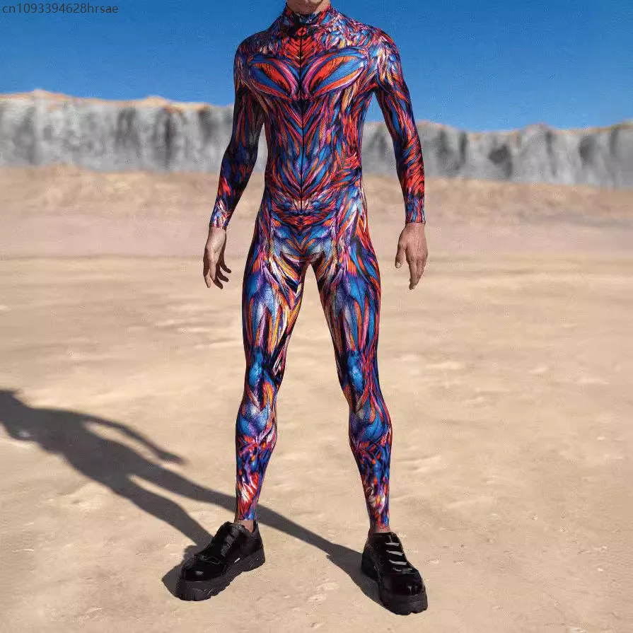 

Men Halloween Adult Cosplay Tights Jumpsuit 3D Printing Long Sleeve Bodysuit Carnival Party Stage Showing Perfermence Catsuit