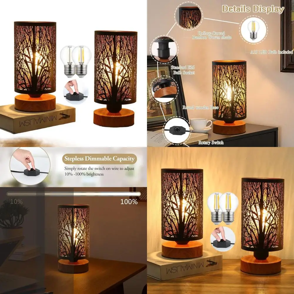 

Set of 2 Small Black Farmhouse Style Metal Table Lamps - Dimmable Nightstand Lights for Bedroom, Living Room, Desk, and Kids' Re