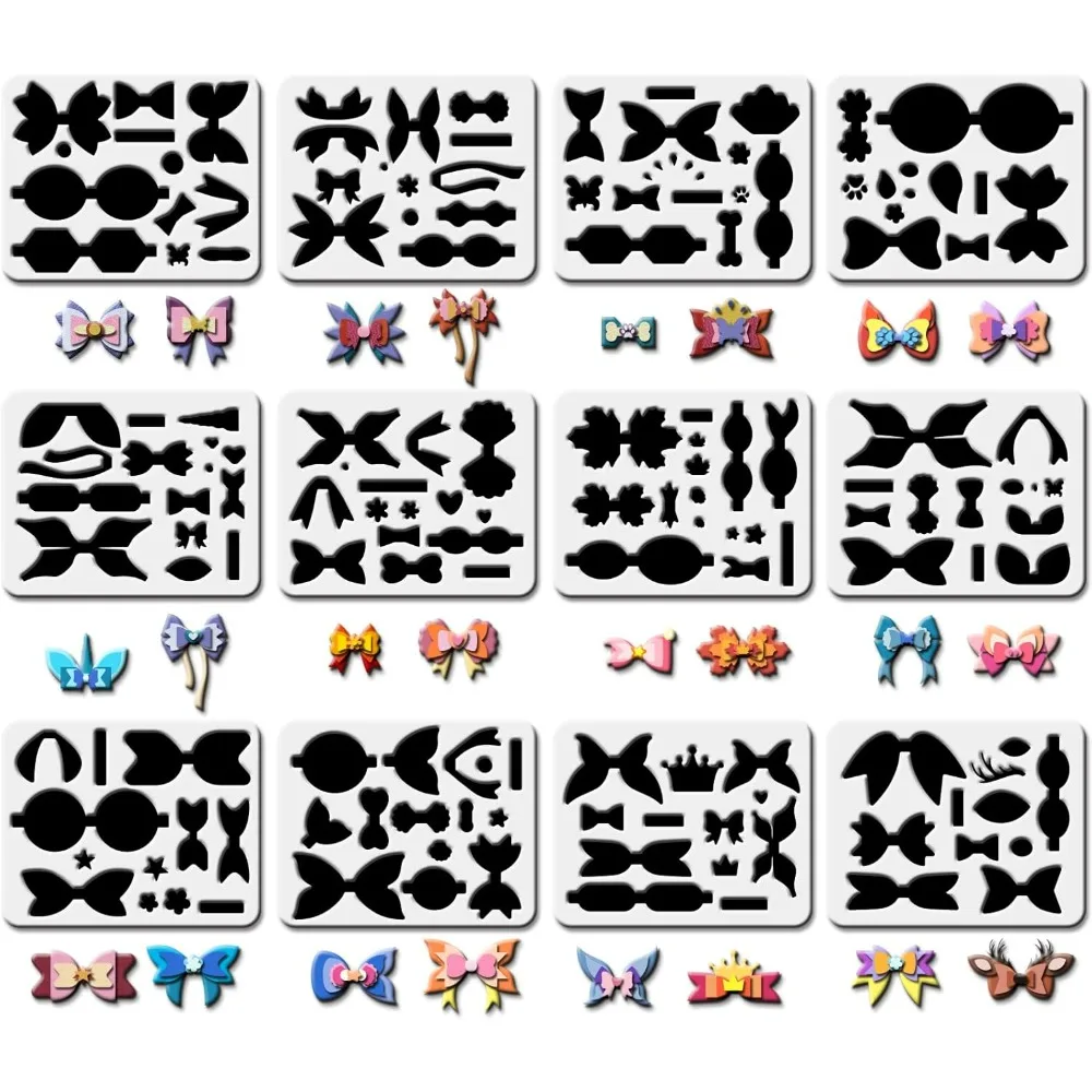 12 Sets Plastic Bows Tie Making Template 9.8x7.8inch Single Horn Horse Mermaids Crowns Butterflies Deer Style Bows Stencil