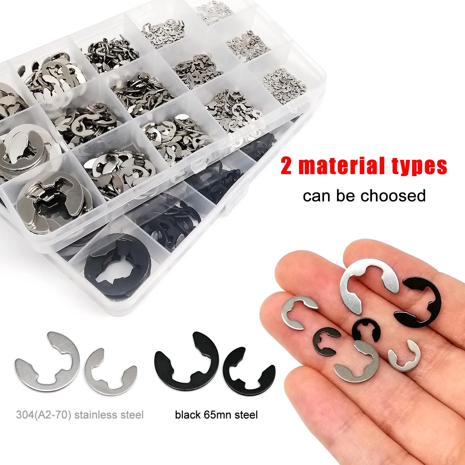 1 Box Mix M1.2 M1.5 M2 M2.5 M3 M4 M5 M6 M8 M10 M12 M15 E type Circlip Shaft Bearing External Retaining Ring Snap Washer Set Kit